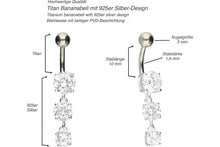 Laden Sie das Bild in den Galerie-Viewer, Titan 3 Große Kristalle 925 Sterling Silber Bauchnabelpiercing Barbell piercinginspiration®