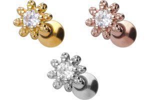 18 carat gold flower crystal ear piercing barbell piercinginspiration®