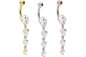 4 crystal heart chain navel piercing barbell piercinginspiration®