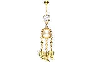 Dream catcher crystal pearl feather navel piercing barbell piercinginspiration®