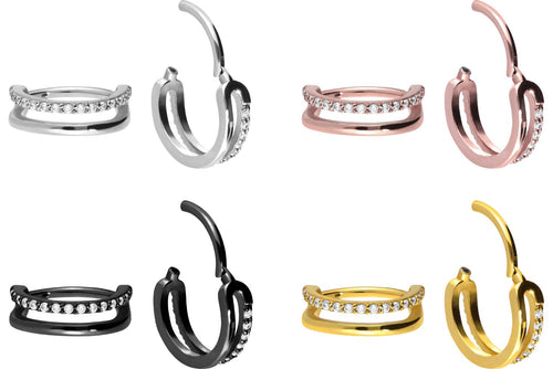 Eingefasste Kristalle Zwei Reihen Doppel Ring Clicker piercinginspiration®