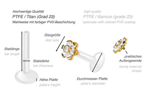 PTFE Titanium Internal Thread Labret 7 Crystals Flower Ear Piercing piercinginspiration®