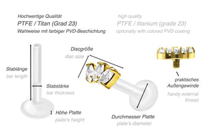 PTFE Titan 3 Kristalle Tropfen Innengewinde Labret Ohrpiercing piercinginspiration®
