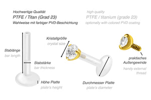 PTFE Titan Eingefasster Kristall Rund Labret Ohrpiercing piercinginspiration®