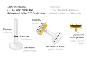 PTFE Titanium Internal Thread Crystal Bar Labret Ear Piercing piercinginspiration®