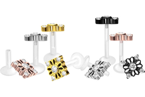 PTFE Titan Lotus Blume 5 Kristalle Viereck Innengewinde Labret Ohrpiercing piercinginspiration®