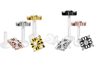 PTFE Titanium Lotus Flower 5 Crystals Square Internally Threaded Labret Ear Piercing piercinginspiration®