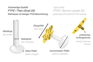 PTFE Titanium Internally Threaded Labret Snowflake Barbell Internally Threaded Ear Piercing piercinginspiration®