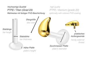 PTFE Titanium Teardrop Internally Threaded Labret Ear Piercing piercinginspiration®