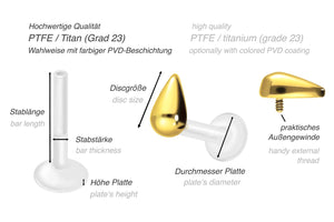 PTFE Titanium Teardrop Internally Threaded Labret Crystal Barbell Internally Threaded Ear Piercing piercinginspiration®