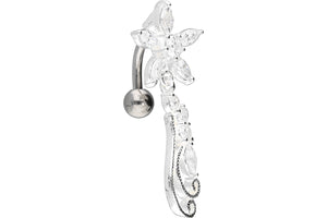 Piercing de ombligo con colgante de cristales de flor de plata de ley 925 de titanio piercinginspiration®
