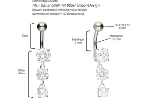 Bilanciere piercing all'ombelico in argento sterling 3 con titani 925 grandi cristalli piercinginspiration®