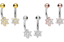 Carica l'immagine nel visualizzatore della galleria, Bilanciere per piercing all'ombelico in argento 925 con piccoli fiori in titanio piercinginspiration®