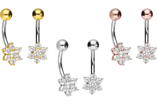 Titan Kleine Blume Kristalle 925 Silber Bauchnabelpiercing Barbell piercinginspiration®