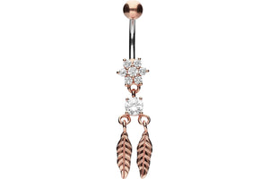 Titanium flower 2 feather crystals 925 sterling silver navel piercing barbell piercinginspiration®