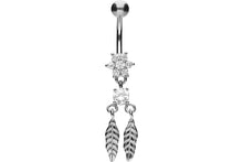 Upload the image to the gallery viewer, Titanium Flower 2 Feather Crystals 925 Sterling Silver Navel Barbell piercinginspiration®
