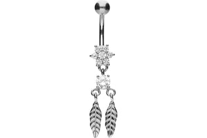 Titanium flower 2 feather crystals 925 sterling silver navel piercing barbell piercinginspiration®