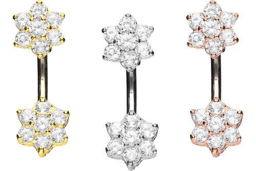 Titan Doppel Kleine Blume Kristalle 925 Silber Bauchnabelpiercing Barbell piercinginspiration®